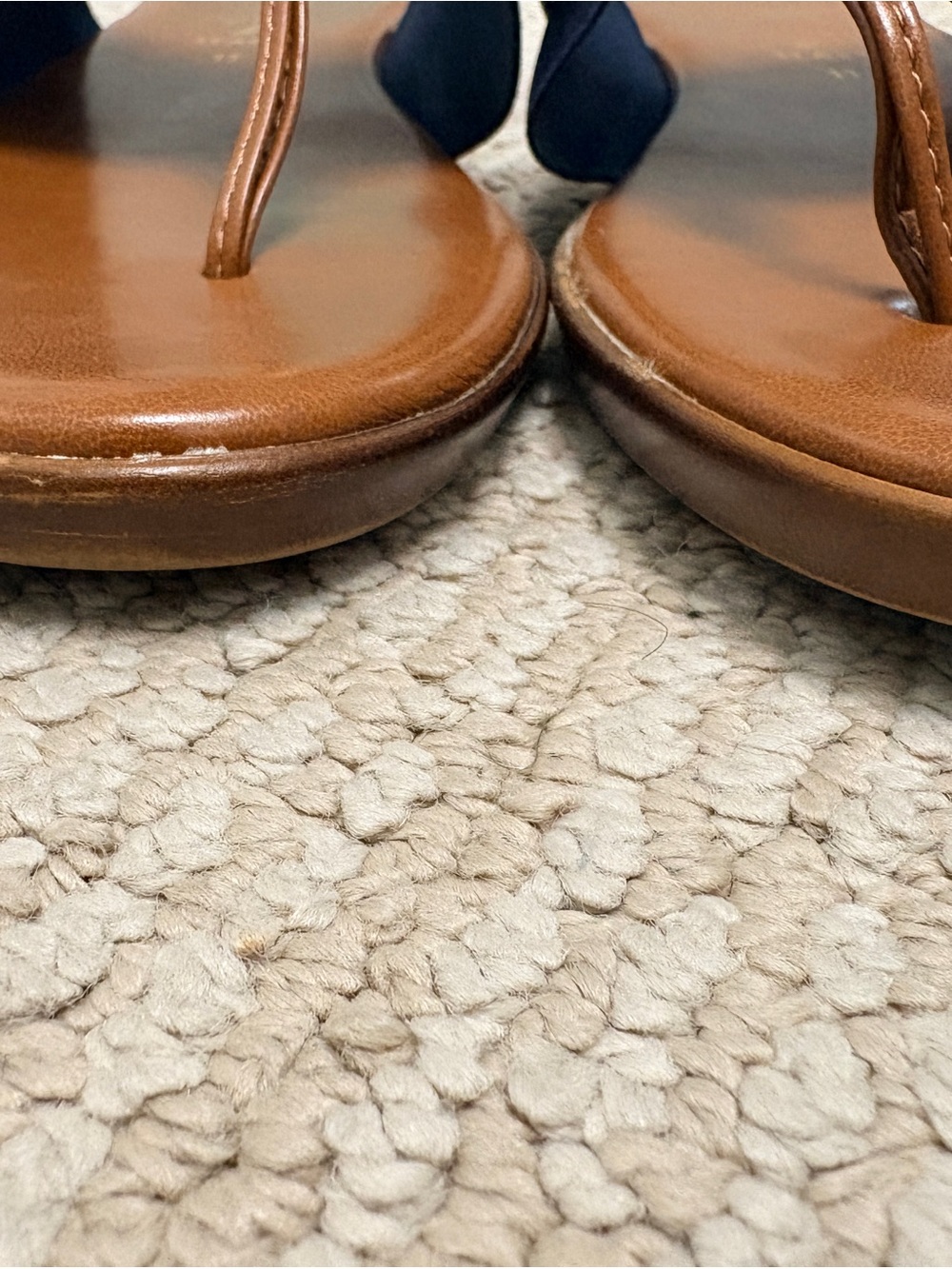 Italian Shoemakers Navy and Tan Slide Sandals with Gold Accent - Picture 3 of 4